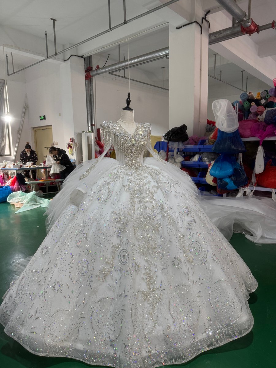 Dazzling Glitter Ivory Wedding Dress Long Sleeve Crystal Beaded V-Neck Bridal Gown