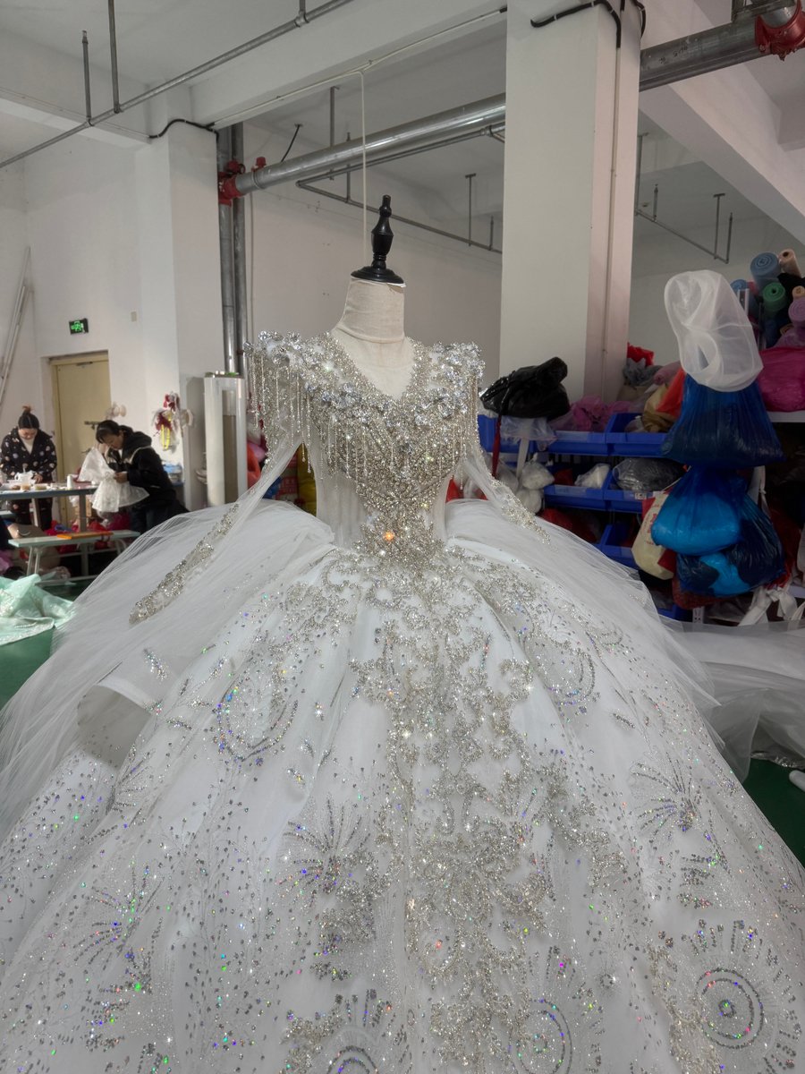 Dazzling Glitter Ivory Wedding Dress Long Sleeve Crystal Beaded V-Neck Bridal Gown - Image 3