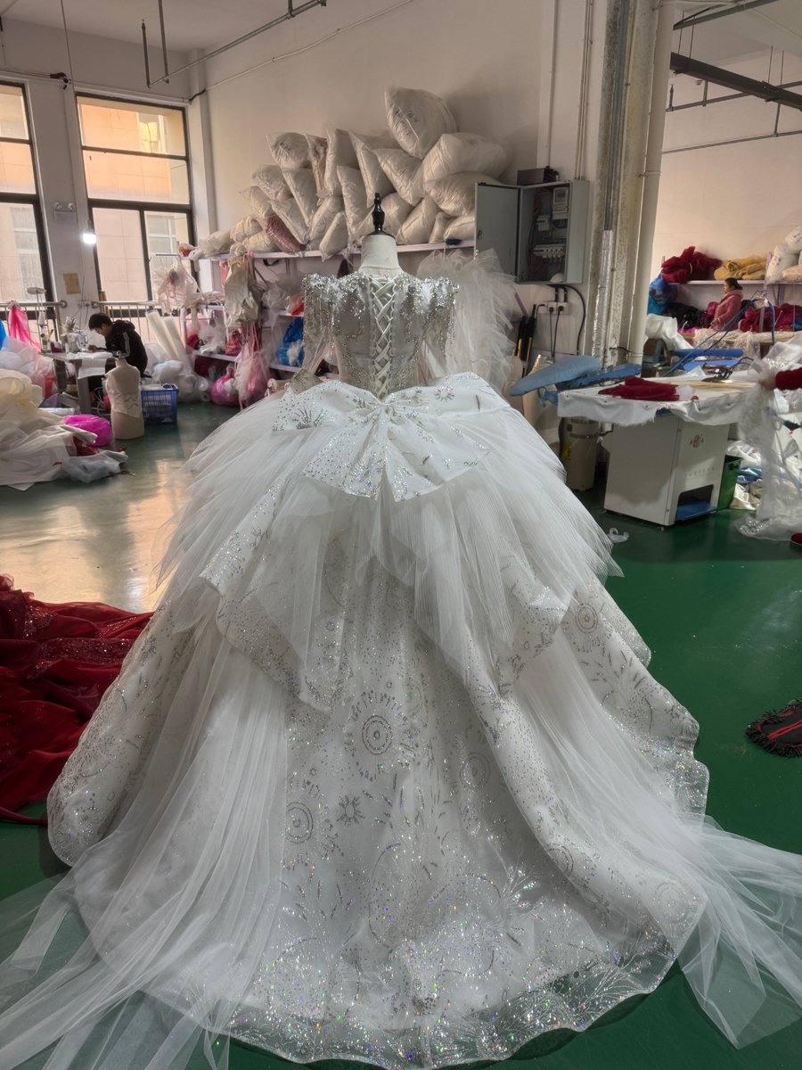 Dazzling Glitter Ivory Wedding Dress Long Sleeve Crystal Beaded V-Neck Bridal Gown - Image 2