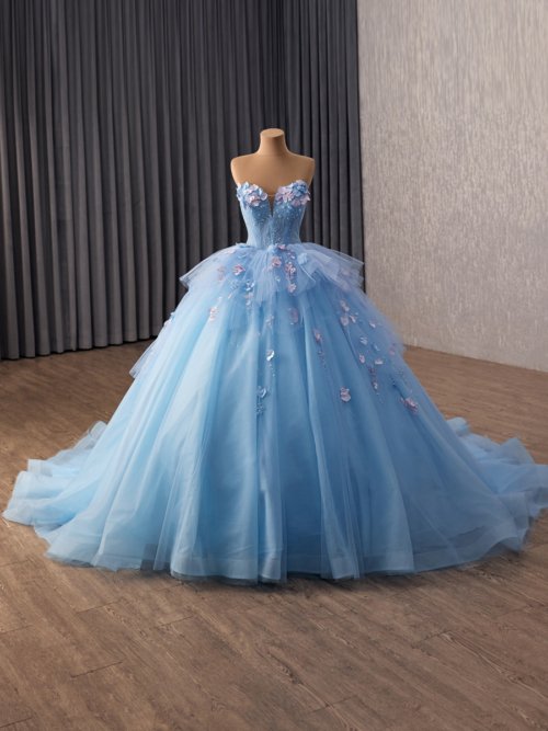 Elegant Light Blue Quinceanera Dress 3D Floral Beaded Pearls Quinceanera Dress Tiered Tulle Sweet 15 Gown