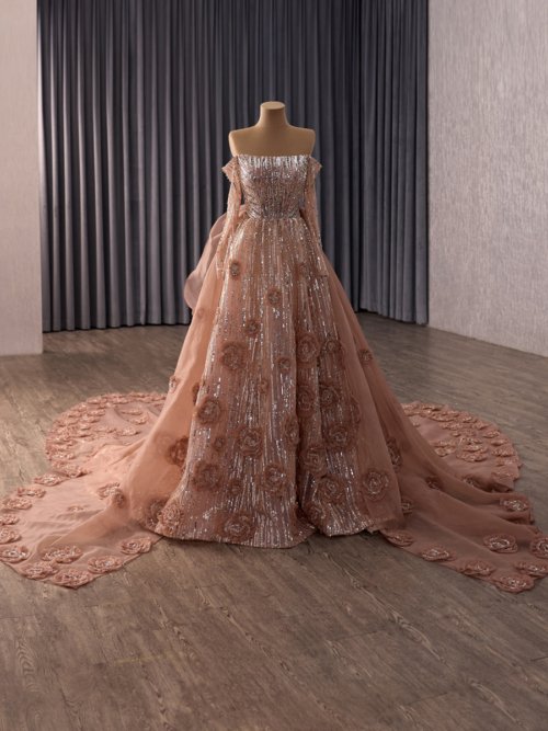 Sparkly Rose Gold Evening Dress Off Shoulder Sequined Floral Applique Evening Dress Lace Up Prom Pageant Gown