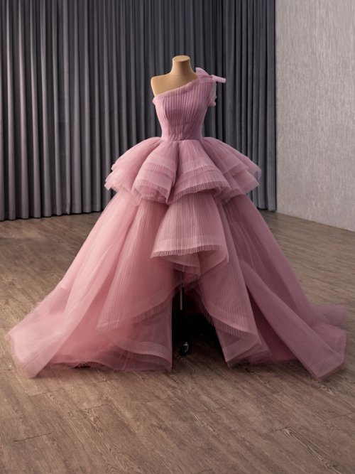 Elegant Pink Evening Dress One Shoulder Pleated Tulle Tiered Ball Gown Evening Dress High Low Prom Party Celebration