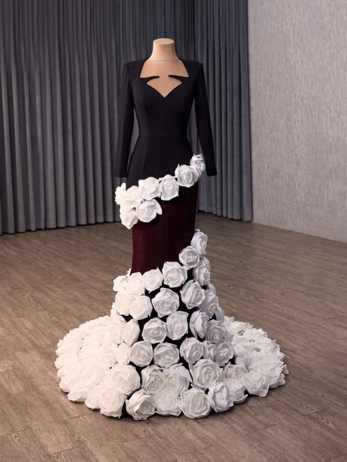 Stunning Black White Evening Dress Mermaid Fishtail Slim Fit Evening Dress Formal Prom Party Gown