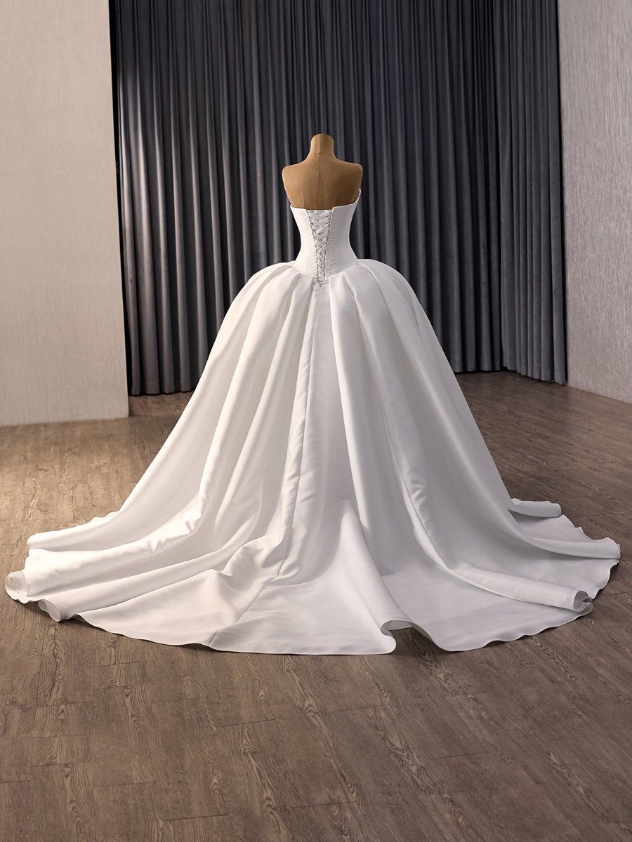 Luxury Ivory Satin Wedding Gown Strapless Corset Lace Up Chapel Ballgown Dress - Image 5