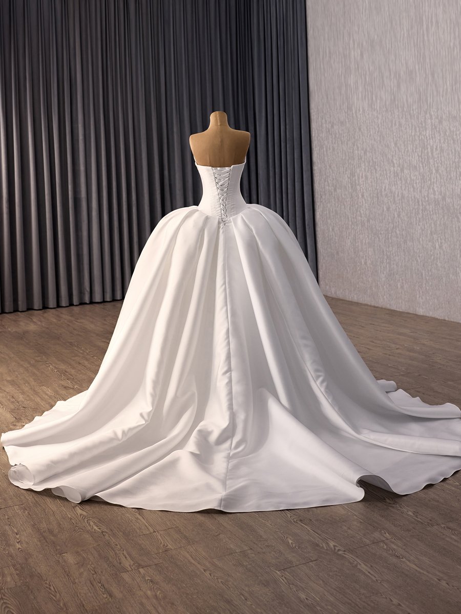 Luxury Ivory Satin Wedding Gown Strapless Corset Lace Up Chapel Ballgown Dress - Image 2