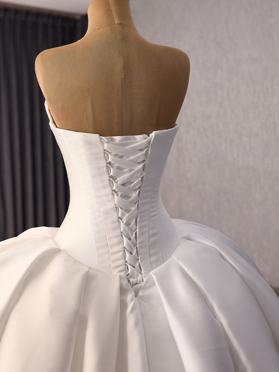Luxury Ivory Satin Wedding Gown Strapless Corset Lace Up Chapel Ballgown Dress - Image 4