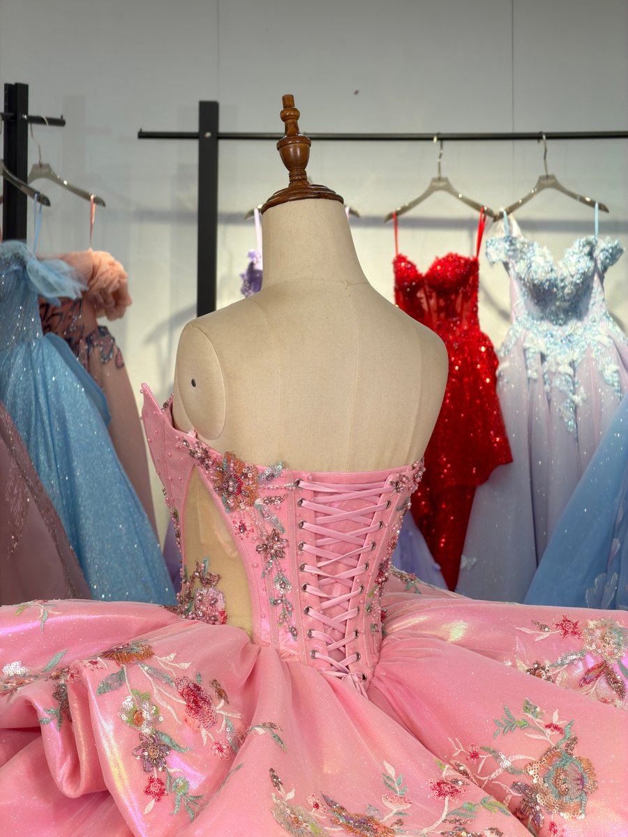 Stunning Sparkling Pink Quinceanera Dress Ball Gown Sweet 16 Floor Length Floral Embroidered Prom Wedding Quinceanera Dress - Image 4