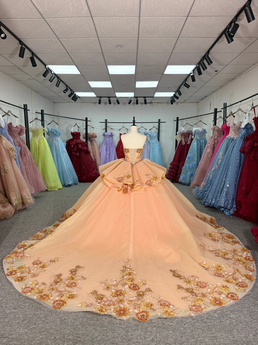 Elegant Peach Gold Quinceanera Dress Ball Gown Sweetheart Off Shoulder Long Train - Image 2
