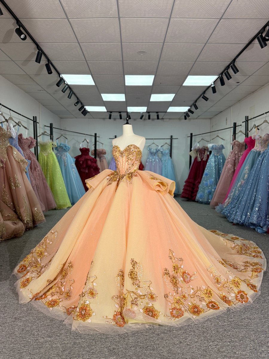 Elegant Peach Gold Quinceanera Dress Ball Gown Sweetheart Off Shoulder Long Train - Image 5