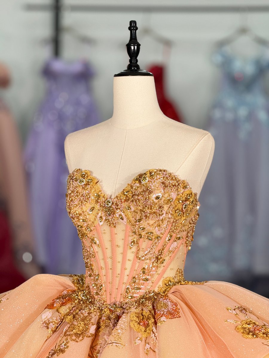 Elegant Peach Gold Quinceanera Dress Ball Gown Sweetheart Off Shoulder Long Train - Image 3