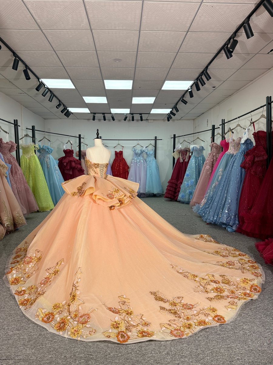 Elegant Peach Gold Quinceanera Dress Ball Gown Sweetheart Off Shoulder Long Train - Image 6