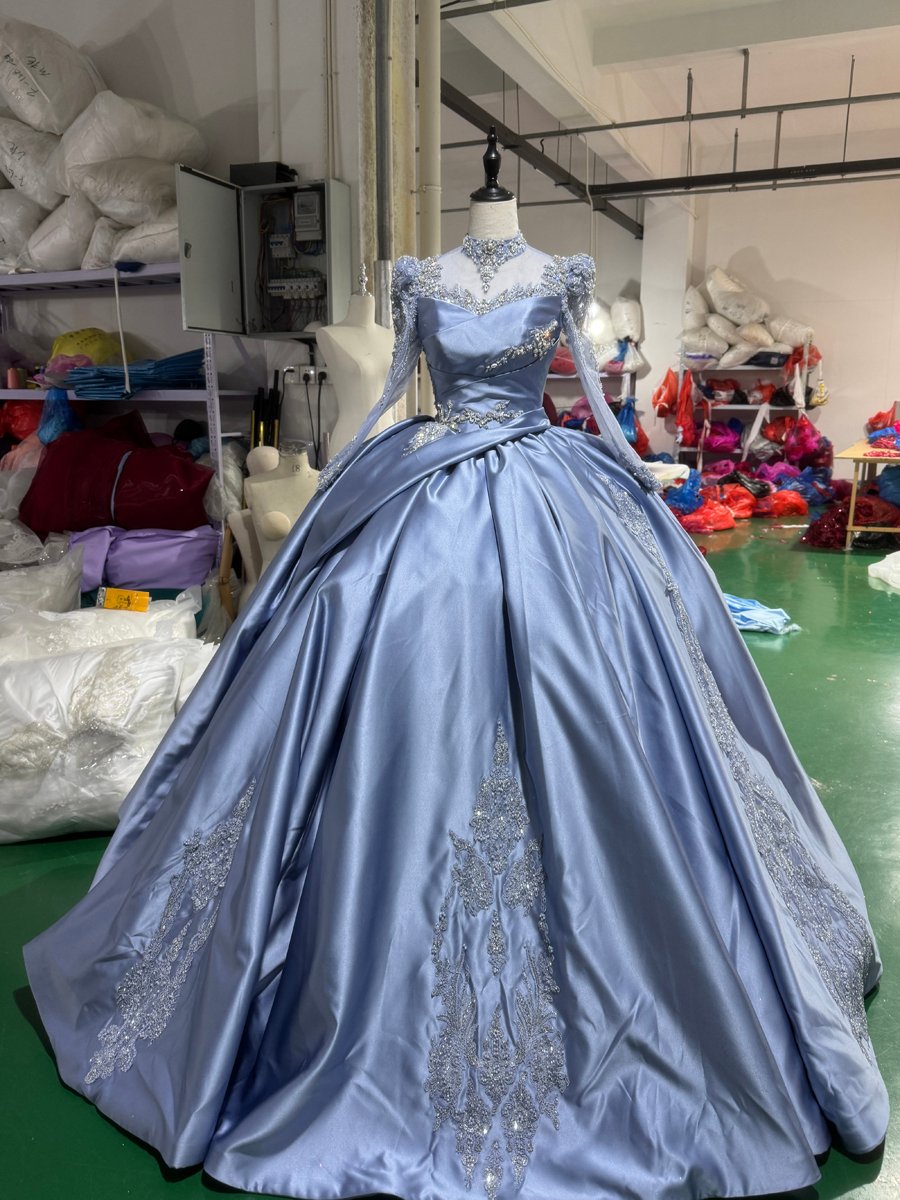 Elegant Blue Quinceanera Dress Ball Gown Long Sleeves Sweetheart Neck Sparkle Appliques Quinceanera Dress Floor Length