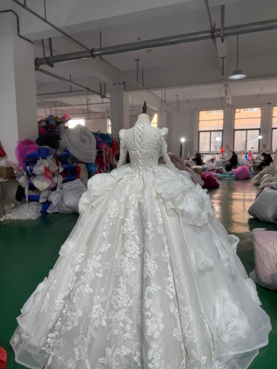 Luxury Ivory Wedding Dress Ball Gown Long Sleeves High Neck 3D Flowers Bridal Gowns Lace Up Back - Image 3