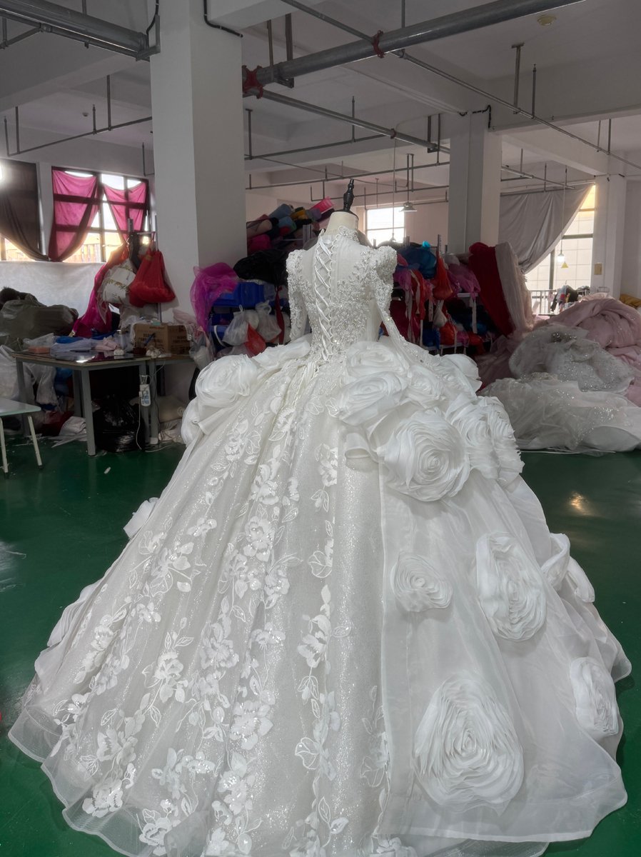 Luxury Ivory Wedding Dress Ball Gown Long Sleeves High Neck 3D Flowers Bridal Gowns Lace Up Back - Image 2