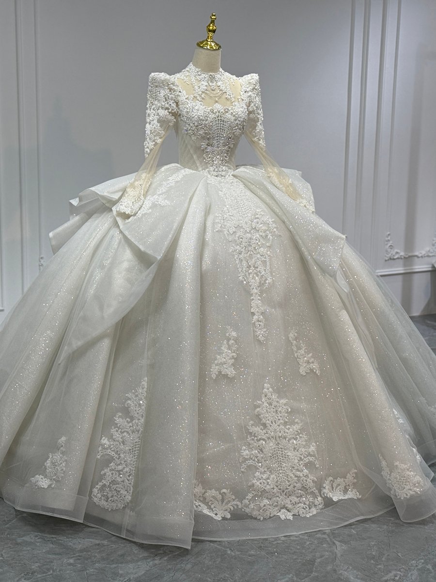 Luxurious Ivory Ball Gown Wedding Dress Long Sleeve Crystal Beaded High Neck Bridal Gown - Image 5