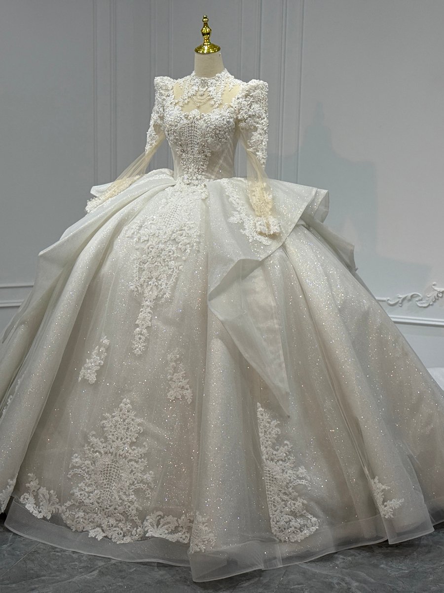 Luxurious Ivory Ball Gown Wedding Dress Long Sleeve Crystal Beaded High Neck Bridal Gown - Image 4