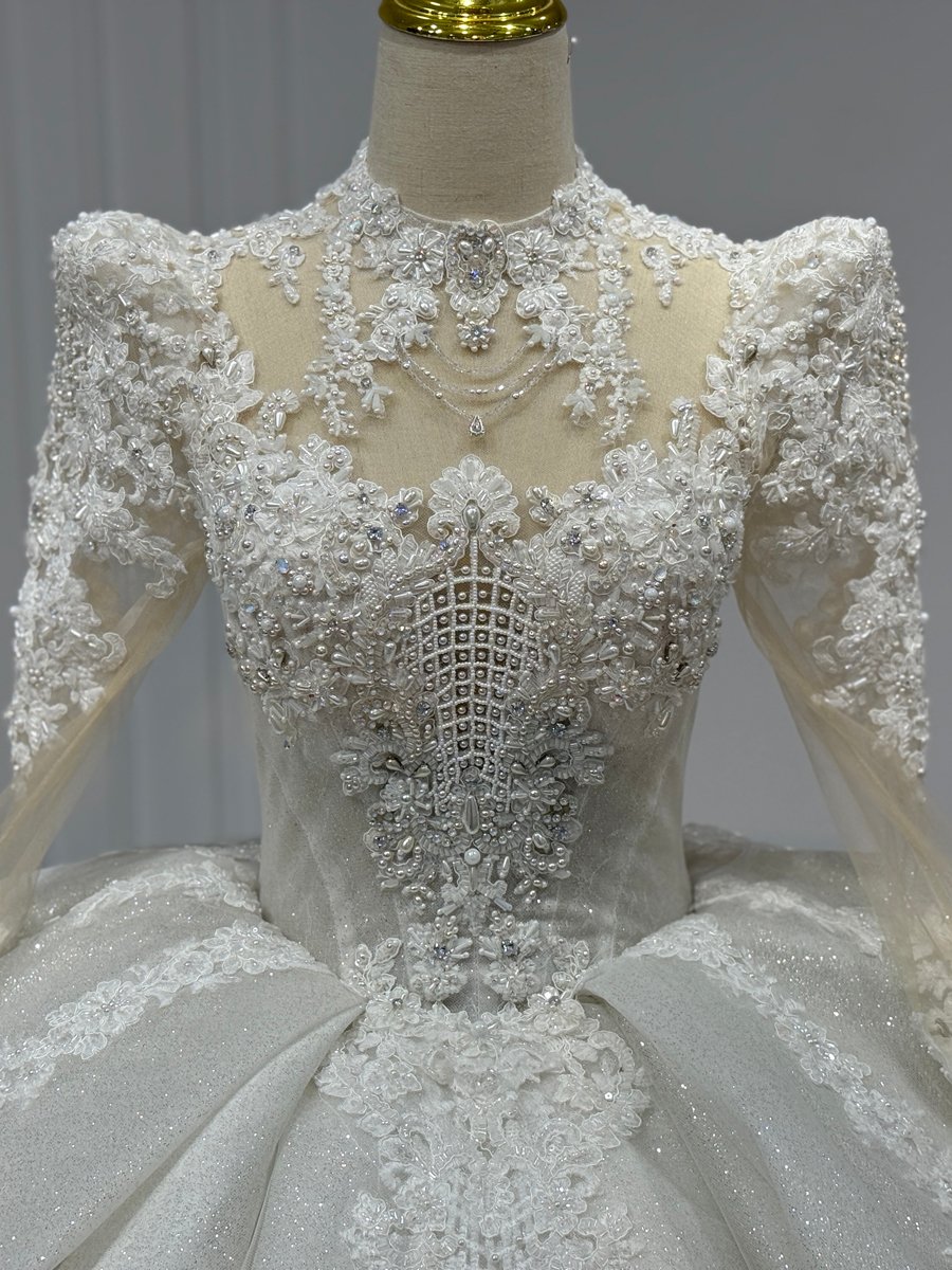 Luxurious Ivory Ball Gown Wedding Dress Long Sleeve Crystal Beaded High Neck Bridal Gown - Image 3