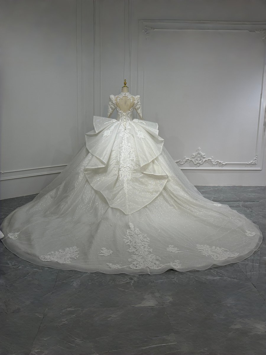 Luxurious Ivory Ball Gown Wedding Dress Long Sleeve Crystal Beaded High Neck Bridal Gown - Image 2