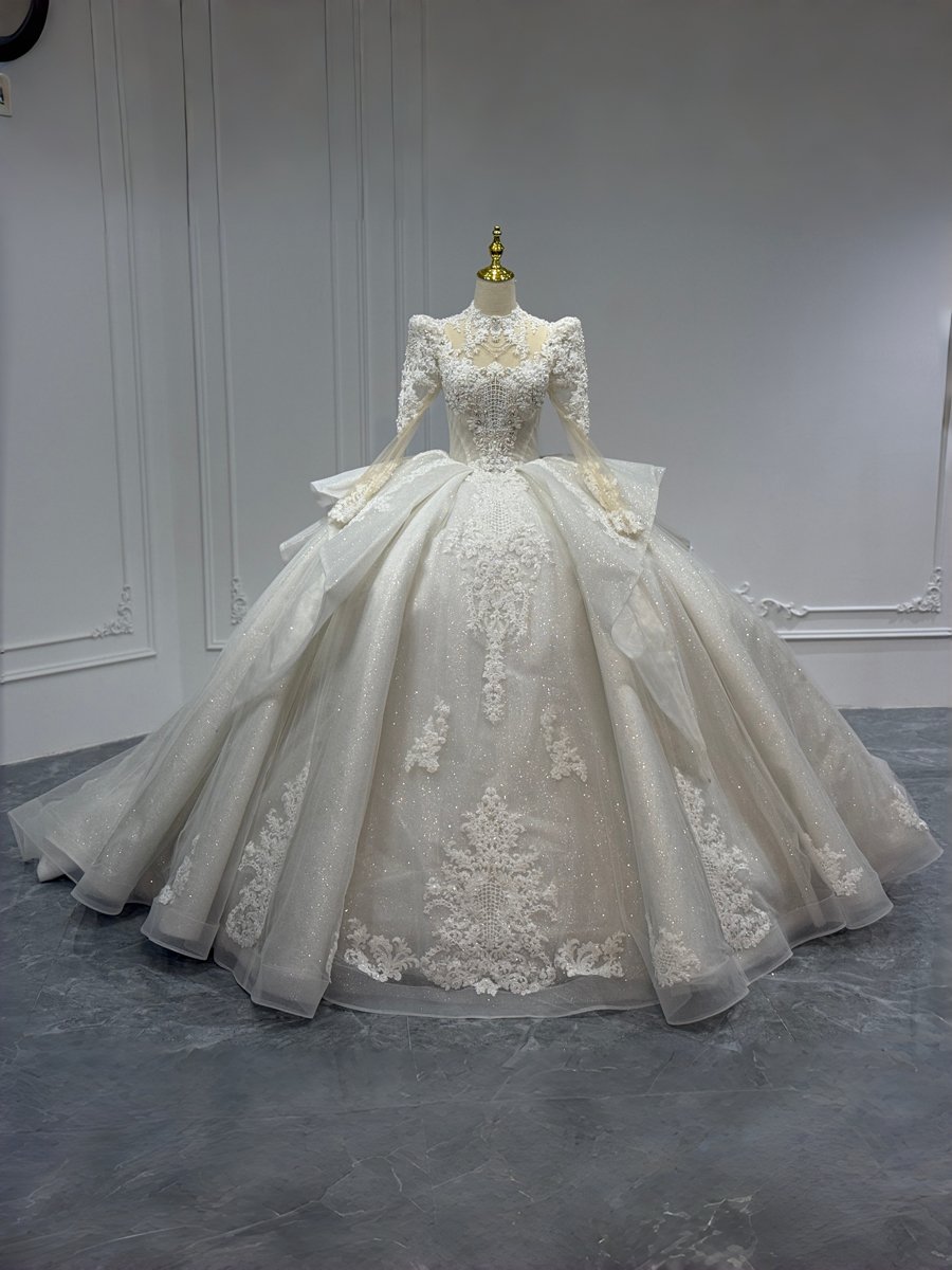 Luxurious Ivory Ball Gown Wedding Dress Long Sleeve Crystal Beaded High Neck Bridal Gown