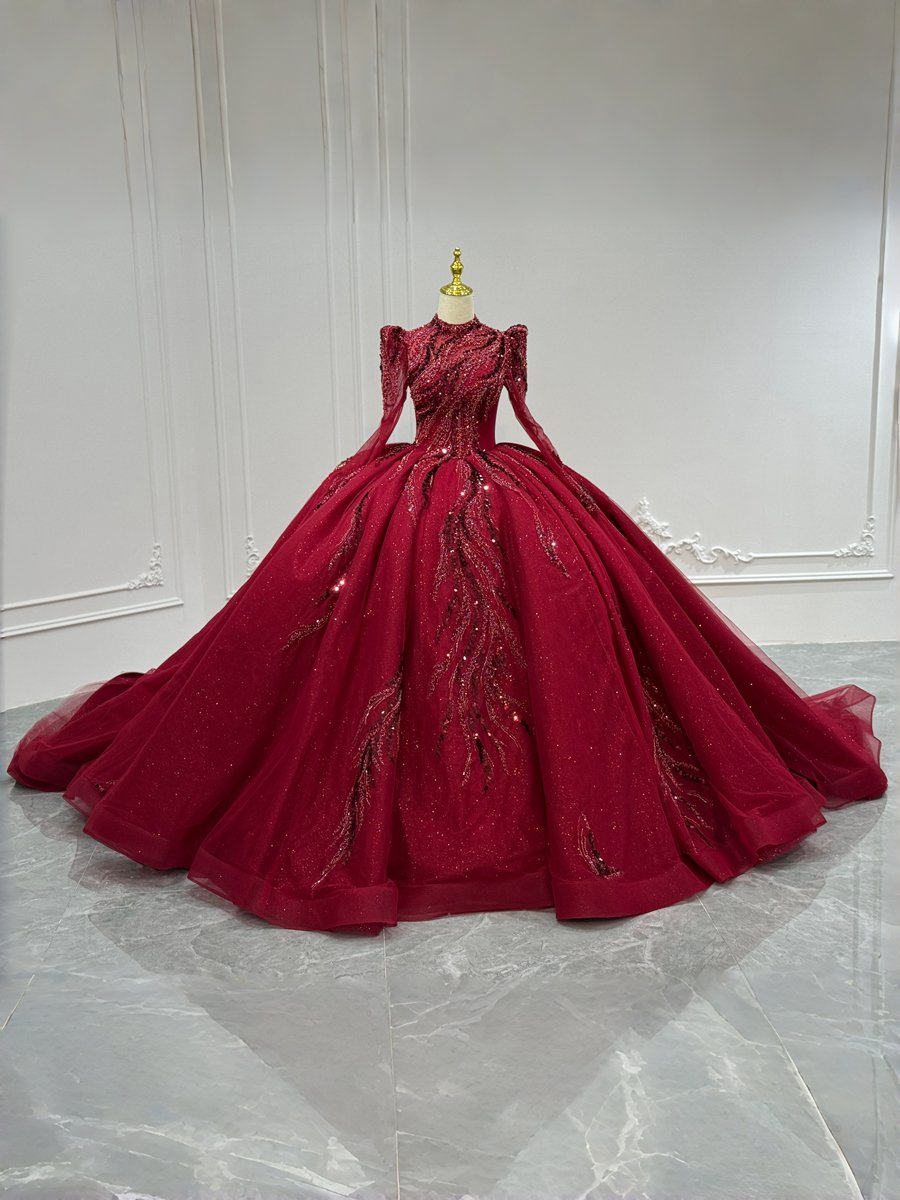 Magnificent Burgundy Ball Gown Wedding Dress Long Sleeve High Neck Sequin Luxury Bridal Gown