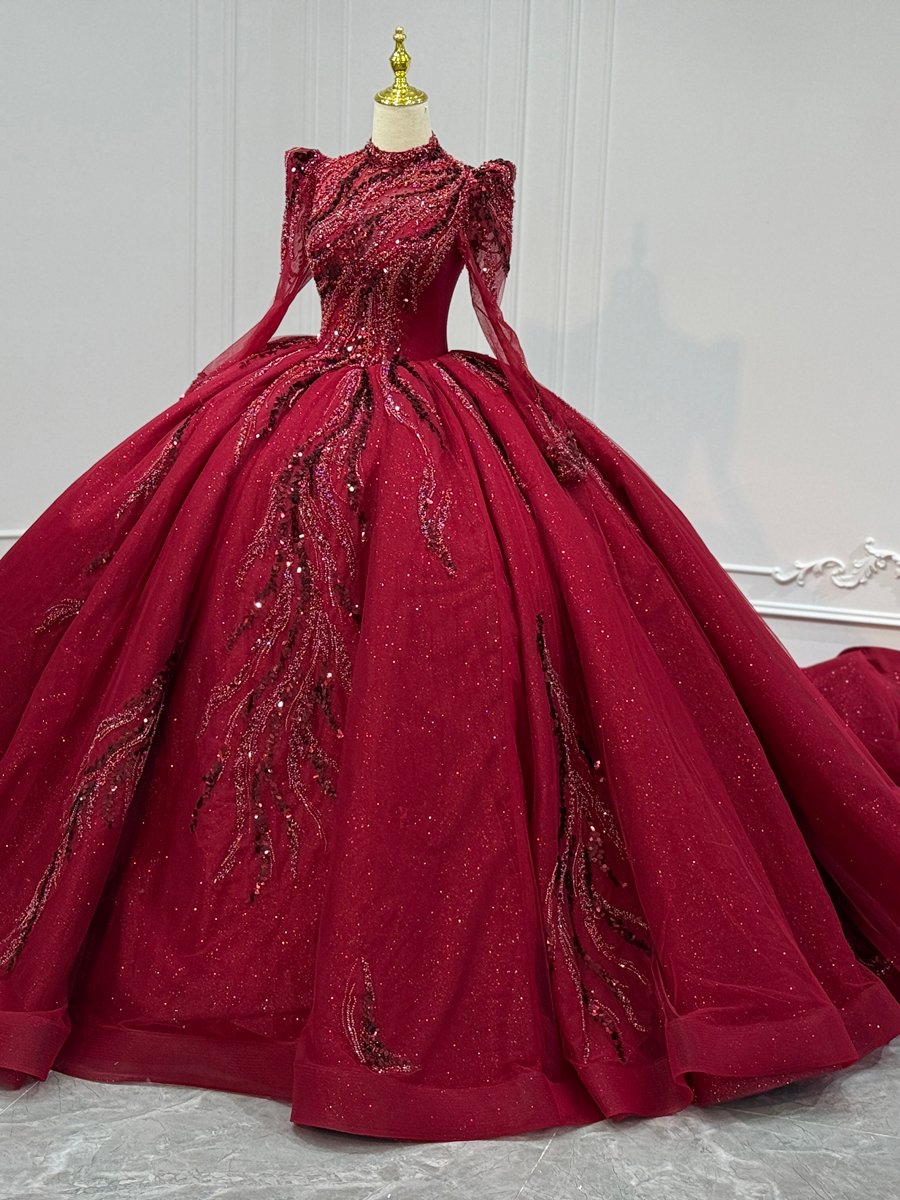 Magnificent Burgundy Ball Gown Wedding Dress Long Sleeve High Neck Sequin Luxury Bridal Gown - Image 4