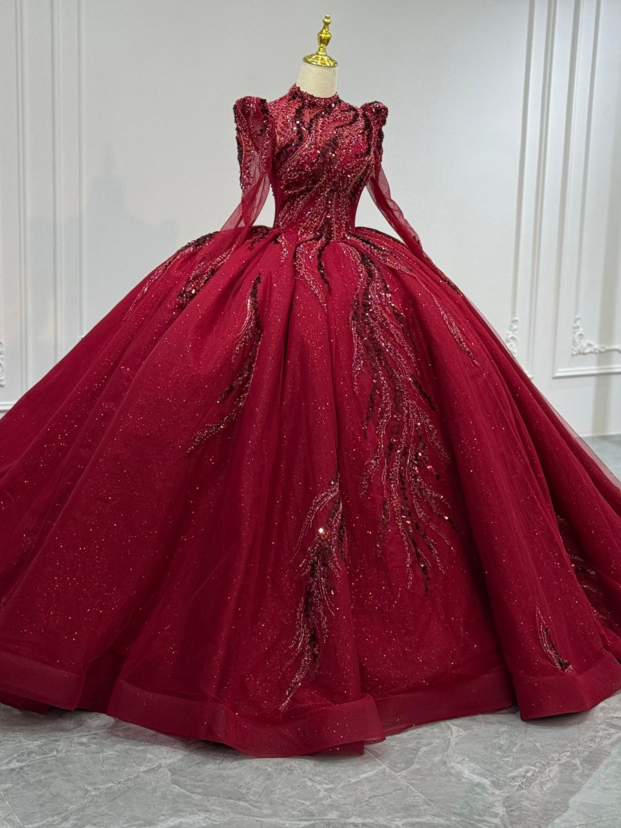 Magnificent Burgundy Ball Gown Wedding Dress Long Sleeve High Neck Sequin Luxury Bridal Gown - Image 5
