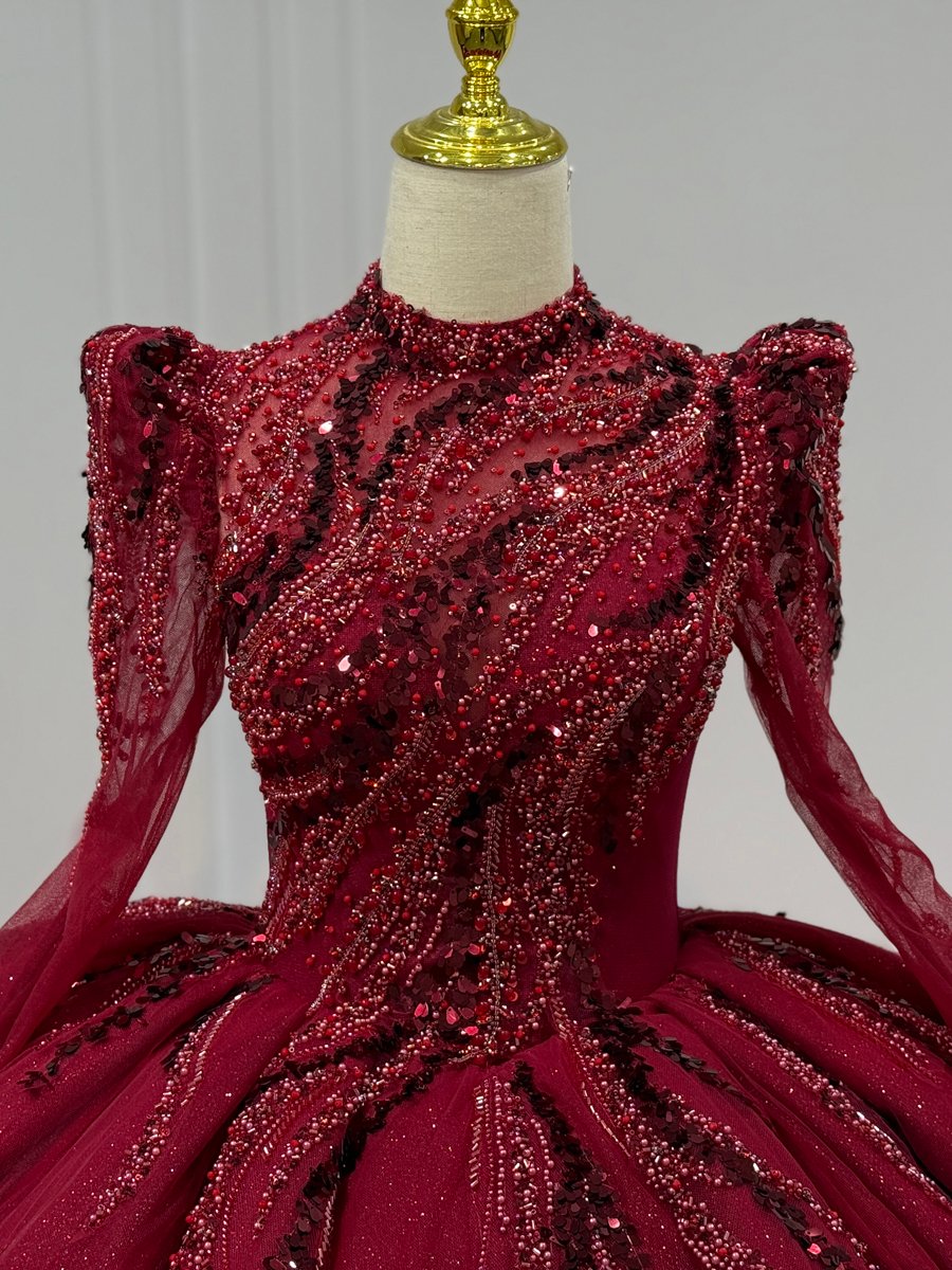 Magnificent Burgundy Ball Gown Wedding Dress Long Sleeve High Neck Sequin Luxury Bridal Gown - Image 3