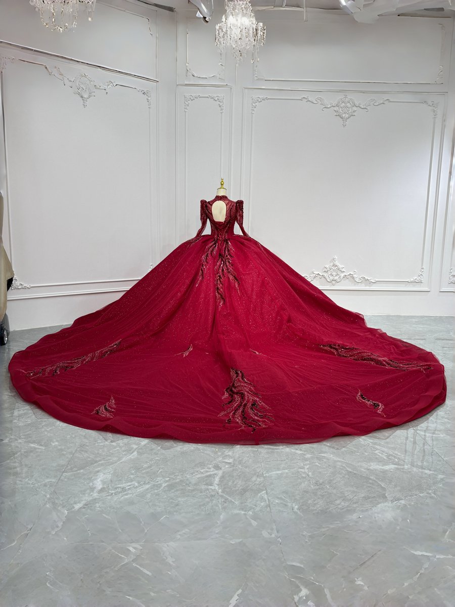 Magnificent Burgundy Ball Gown Wedding Dress Long Sleeve High Neck Sequin Luxury Bridal Gown - Image 2