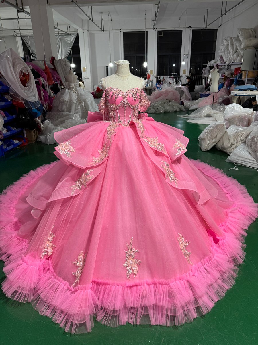 Stunning Hot Pink Ball Gown Quinceanera Dress Ruffle Tiered Off Shoulder Sweet 15 Gown