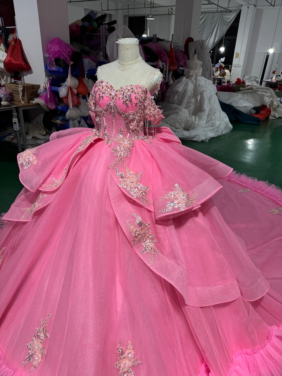Stunning Hot Pink Ball Gown Quinceanera Dress Ruffle Tiered Off Shoulder Sweet 15 Gown - Image 3