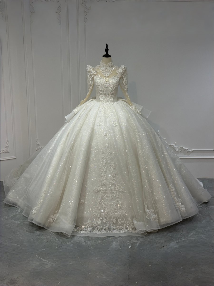 Majestic Sparkly Ivory Wedding Dress Long Sleeve High Neck Beaded Cathedral Bridal Gown