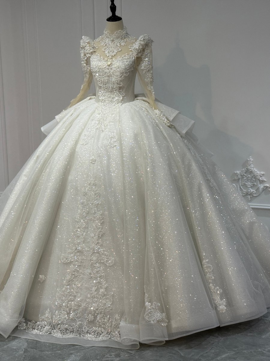Majestic Sparkly Ivory Wedding Dress Long Sleeve High Neck Beaded Cathedral Bridal Gown - Image 4