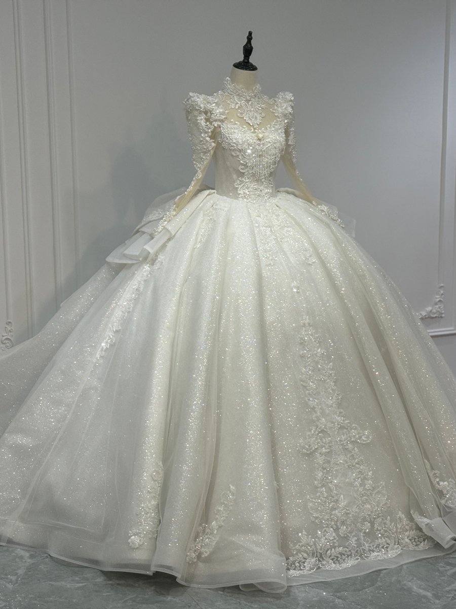 Majestic Sparkly Ivory Wedding Dress Long Sleeve High Neck Beaded Cathedral Bridal Gown - Image 5