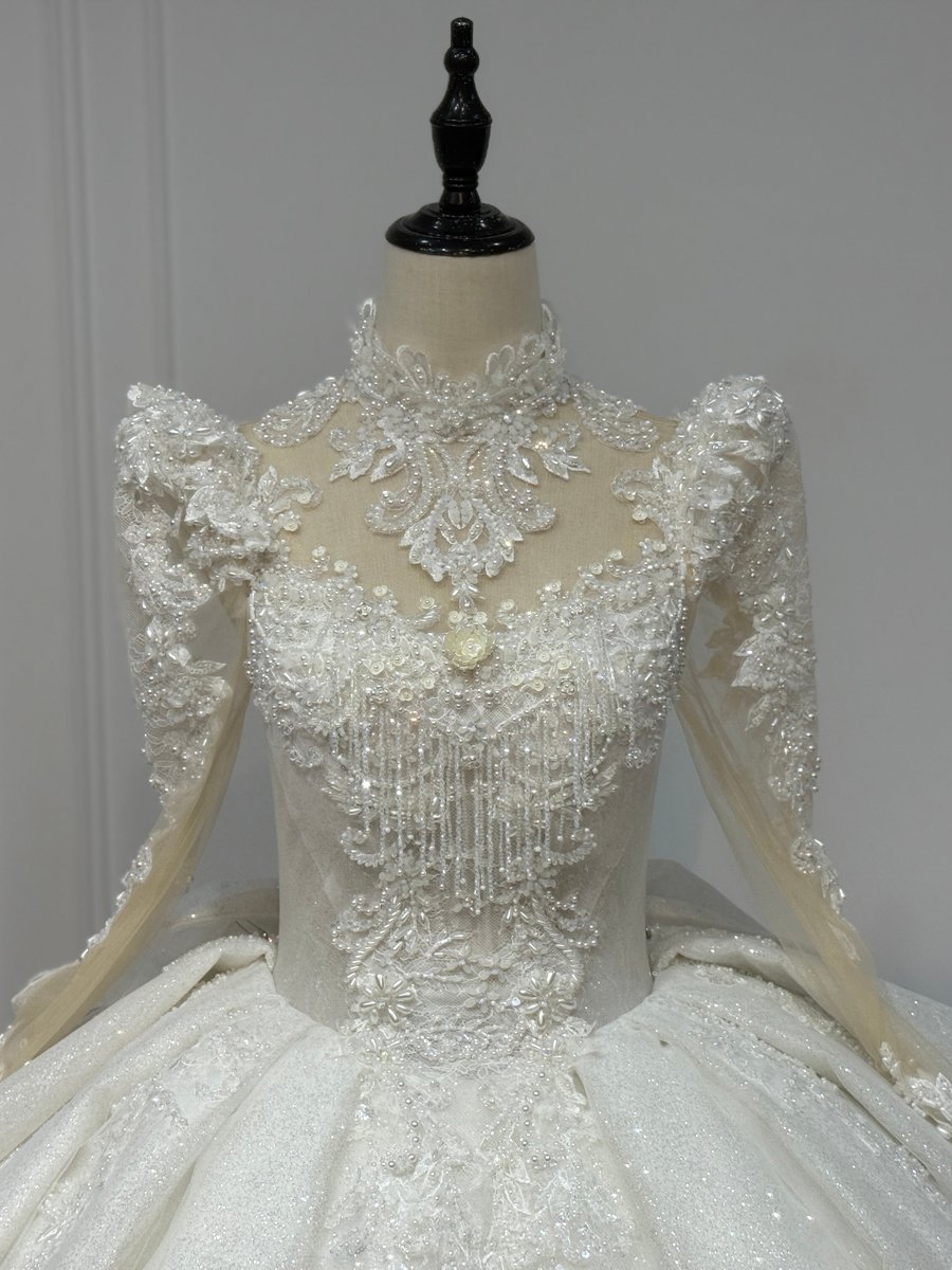 Majestic Sparkly Ivory Wedding Dress Long Sleeve High Neck Beaded Cathedral Bridal Gown - Image 3