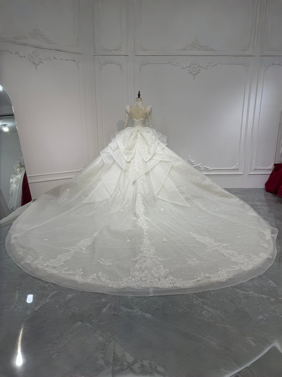 Majestic Sparkly Ivory Wedding Dress Long Sleeve High Neck Beaded Cathedral Bridal Gown - Image 2