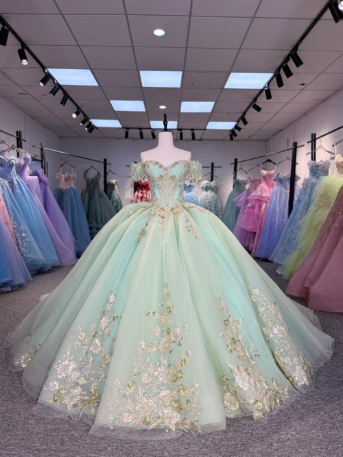 Luxury Sage Green Quinceanera Dress Off The Shoulder Beaded Floral Applique Ball Gown Lace Up Back Quinceanera Dress Glitter Tulle Sweet 16 Party Gown