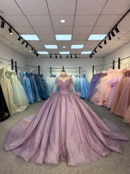 Sparkling Lavender Purple Quinceanera Dress High Neck Long Sleeve Beaded Ball Gown Corset Back Glitter Tulle Vestidos De XV Años Prom Party Gown
