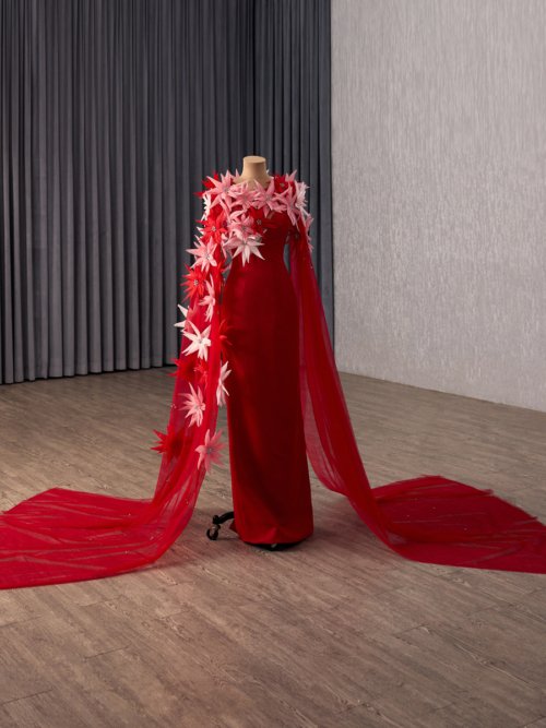 Elegant Red Evening Dress 3D Floral Sheer Cape Floor Length Evening Dress Formal Gala Party Prom Gown