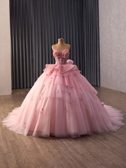 Elegant Pink Quinceanera Dress Strapless 3D Floral Tiered Tulle Quinceanera Dress Lace Up Back Ball Gown For Sweet 15 Party