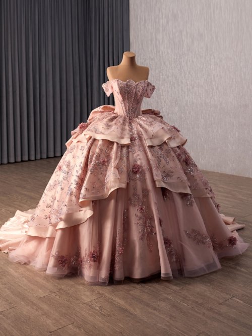 Luxury Dusty Rose Quinceanera Dress Off The Shoulder Beaded Glitter Ball Gown Tiered Sequined Quinceanera Dress Sparkly Floral Princess Prom Party Gown
