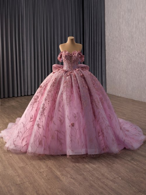 Luxurious Mauve Quinceanera Dress Strapless 3D Floral Tiered Tulle Quinceanera Dress Lace Up Ball Gown For Sweet 15 Party
