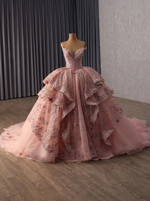 Luxury Dusty Pink Evening Dress Ball Gown Off Shoulder Sequined Lace Up Prom Wedding Dress Sweetheart Tiered Ruffle Tulle Princess Formal Party Gown