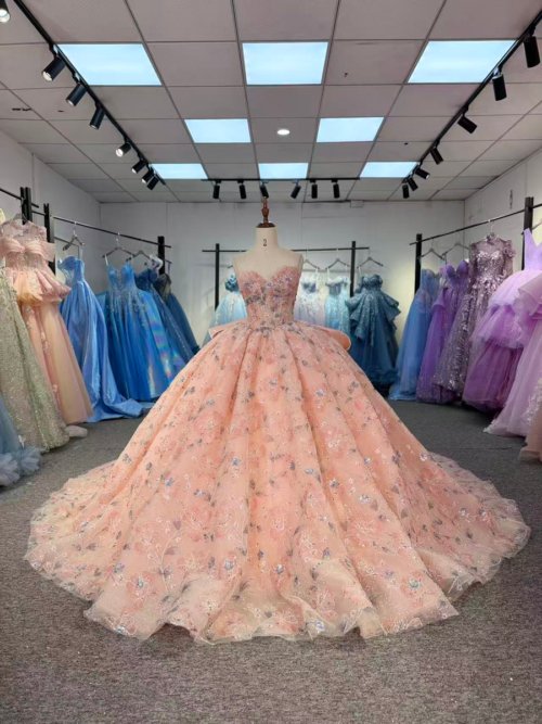 Sparkling Pink Quinceanera Dress Strapless Lace Up Back Large Bow Quinceanera Dress Sequin Floral Applique Ball Gown Prom Party Dress