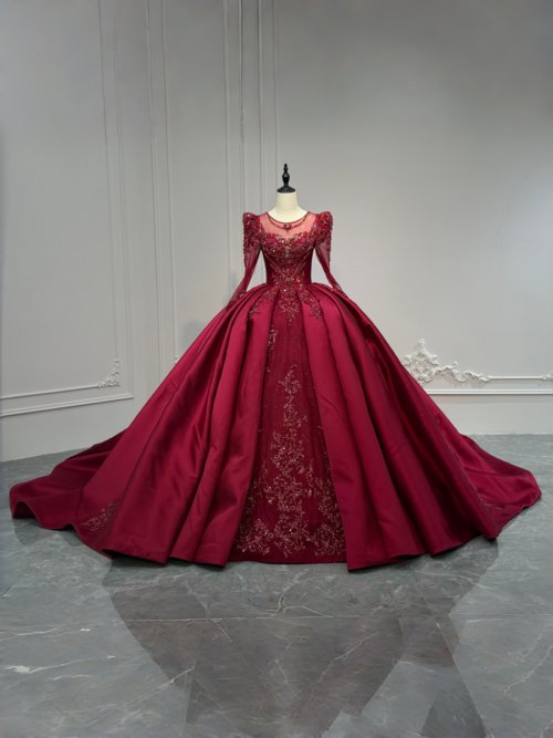 Elegant Burgundy Wedding Dress Long Sleeve Beaded Lace Ball Gown Bridal Gown Cathedral Train For Formal Marriage Ceremony