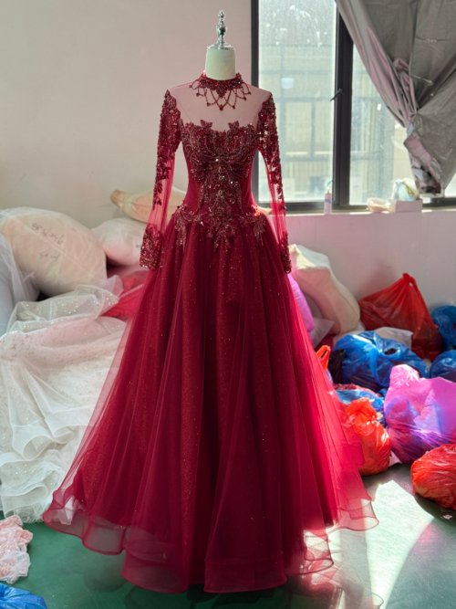 Sparkling Red Evening Dress High Neck Long Sleeve Sequin Evening Dress A Line Floor Length Formal Party Gown