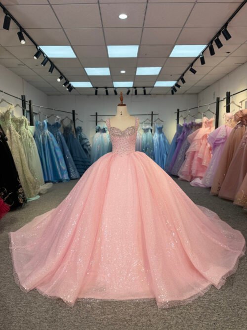 Gorgeous Pink Quinceanera Dress Sleeveless Crystal Beaded Quinceanera Dress Shimmering Ball Gown Elegant Sweet 16 Gown