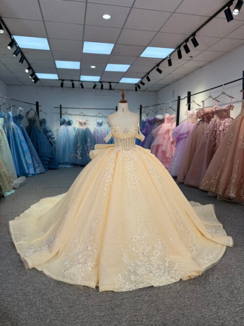 Stunning Champagne Quinceanera Dress Cold Shoulder Lace Applique Quinceanera Dress Glitter Tulle Ball Gown Luxury Bridal Gown
