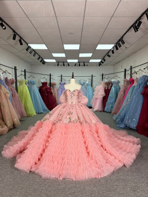 Romantic Pink Quinceanera Dress Off Shoulder Ruffle Tiered Skirt Organza Ball Gown Fairy Tale Birthday Dress