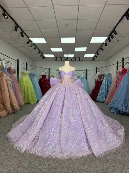 Ethereal Lavender Quinceanera Dress Puff Sleeve Sparkly Sequin Lace Ball Gown Shimmering Sweet 16 Gown