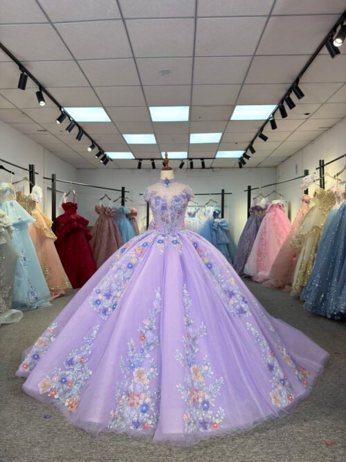 Gorgeous Light Purple Quinceanera Dress High Neck Colorful Floral Embroidery Ball Gown Elegant Mexican Style Gown